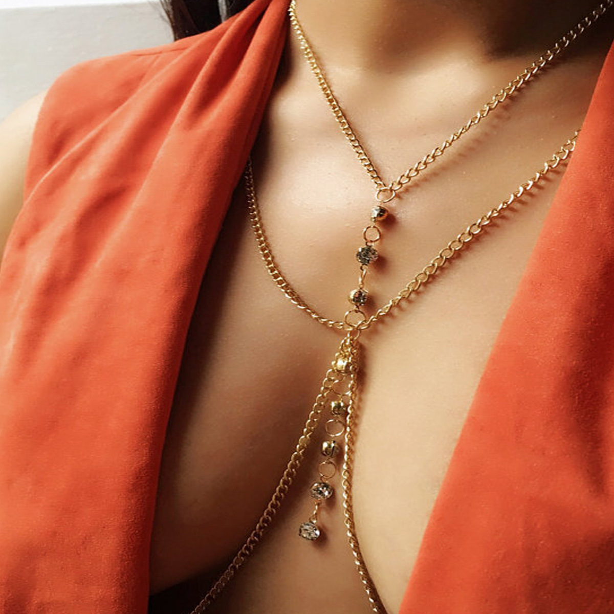 Body Jewelry Chest - Round Crystal Chest Chain Low Waist