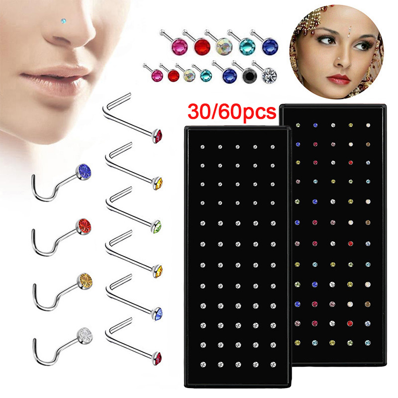 Body Jewelry Changing Kit - L Shape Stainless Steel Crystal Nose